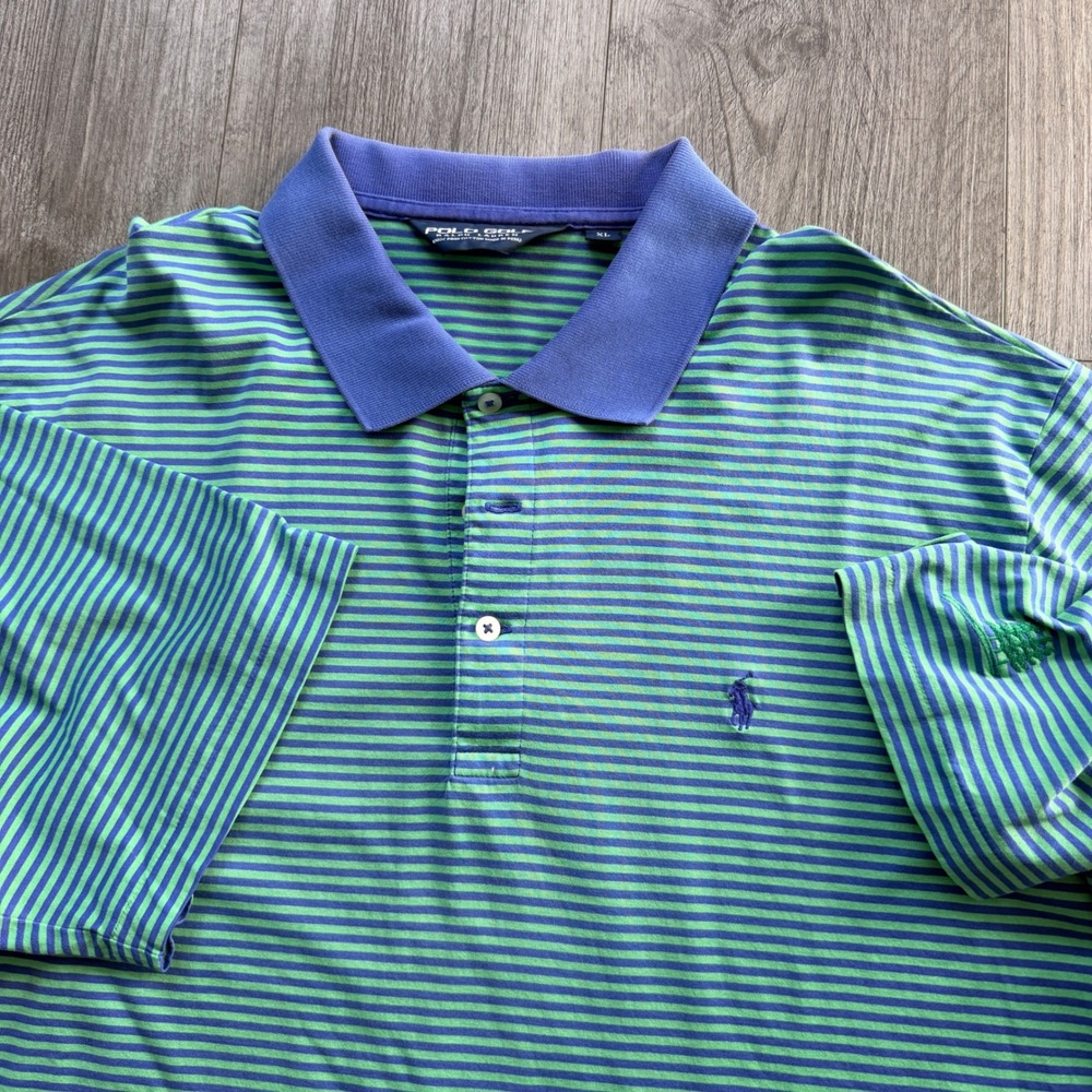 Polo Golf Ralph Lauren Mens XL Green Blue Stripe Polo Purple Collar Pima Peru